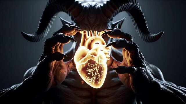 Menacing Demonic Figure Clutches Glowing Heart in Dark Gray Background Creating a Dramatic Horror Scene