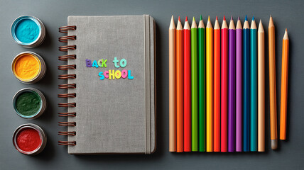 Back to school supplies: pencils, notebook, paints. Generative AI