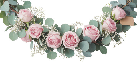 Pink Rose Eucalyptus Garland Illustration – Hand-Drawn Floral Border with Blush Flowers, Green Leaves, Botanical Wreath, Pastel Watercolor Clipart for Wedding, Card Design, Rustic Decor