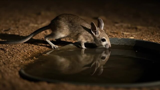Desert Jerboa's Nighttime Thirst: A Close-Up View of a Small Rodent Quenching its Thirst at a Waterhole Under the Dark Desert Sky