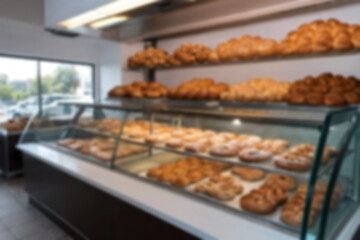 A blurry bakery, bread neatly arranged on the shop shelves, modern theme.