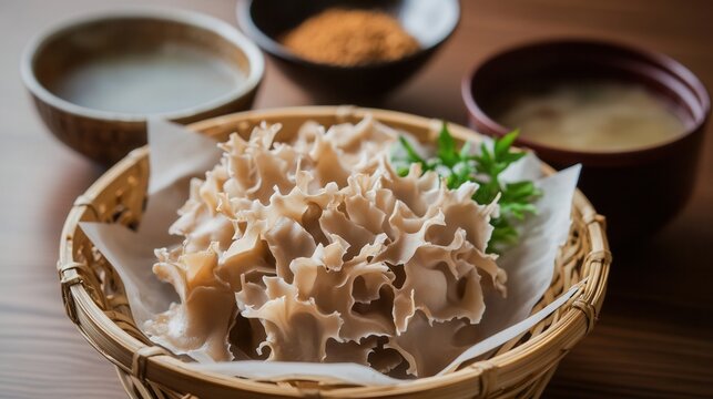 A bowl of maitake mushrooms is presented with traditional japanese sides