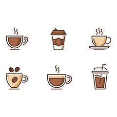Coffee Shop Icon Set Warm Brown Line Art Style Various Coffee Drinks Take Away Cups Cozy Cafe Mood