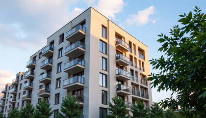 Fototapeta premium Modern residential building with balconies and greenery