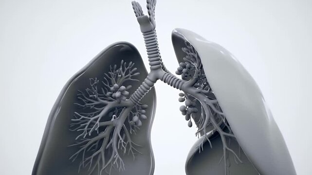 Detailed Gray Lungs Anatomy Render with Bronchial Tree Structure and Light Gray Background Medical Illustration