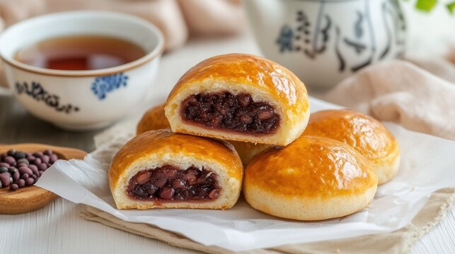 A stack of manju buns shows the red bean paste filling, with tea and beans in the background