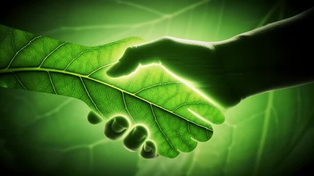 Ecological Partnership Green Handshake with Leaf Texture and Foliage Background Symbolizing Environmental Agreement and