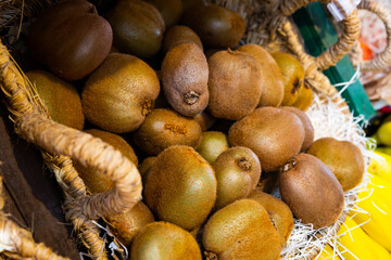 Ripe kiwi fruits prepared for sale in greengrocery store