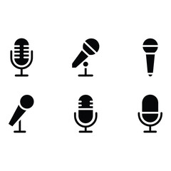 Collection of Six Simple Black Microphone Icons Retro Handheld and Stand Styles