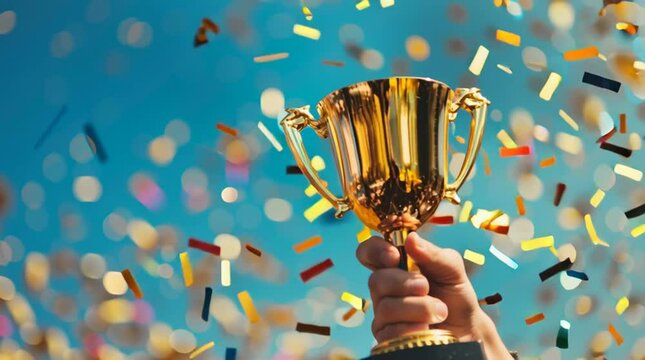 hand holding trophy and falling confetti, moment of achievement and victory