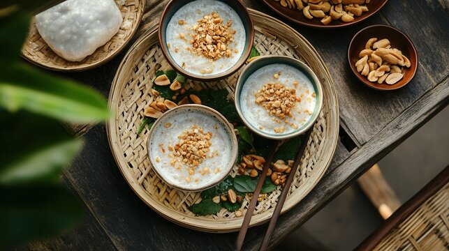 Bowls of che chuoi, a vietnamese dessert, are arranged on a woven tray with peanuts