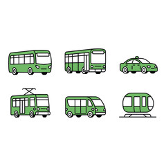 Green Public Transportation Icons Bus Trolley Van Taxi and Train Vector Set