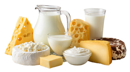 Assortment of Dairy Products Including Milk Butter Cheese - Variety of fresh dairy items on transparent background

