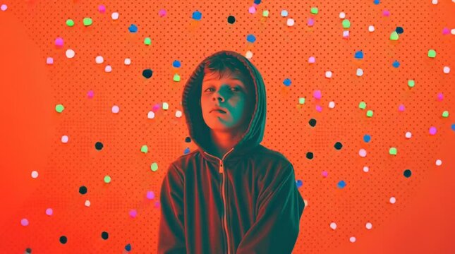 boy wearing zip up hoodie, pop art background, surreal, digital, glitches and dots