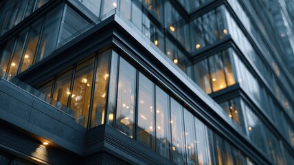 A close-up on the textured surfaces and reflective windows of a modern industrial building, emphasizing materials and light