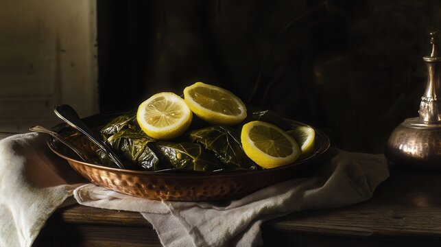 Dolma and lemon slices are arranged on a copper plate with a linen cloth