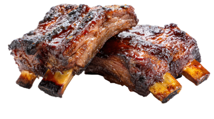 Barbecue Beef Ribs with Smoky Glaze and Charred Texture - Juicy grilled beef ribs with rich smoky sauce on transparent background

