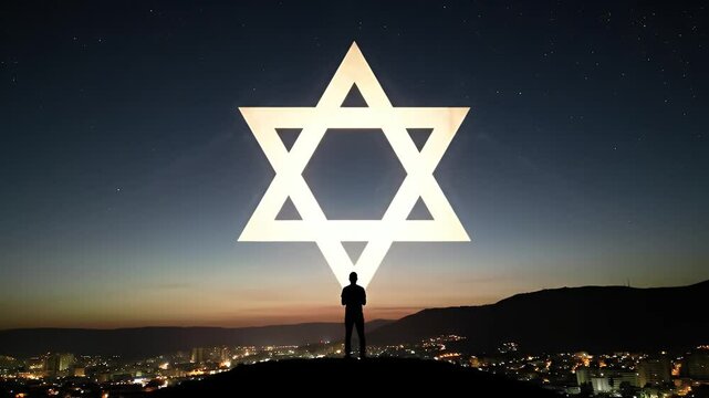 Silhouette of Person Under Glowing Star at Dusk Overlooking Cityscape in Night Sky