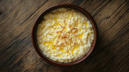 A bowl of saffron risotto is presented on a rustic wooden table