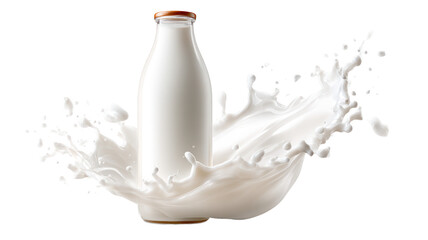 Bottle of Drinking Yogurt or Kefir with Splash Effect – Fresh probiotic yogurt or kefir bottle with dynamic white splash on transparent background

