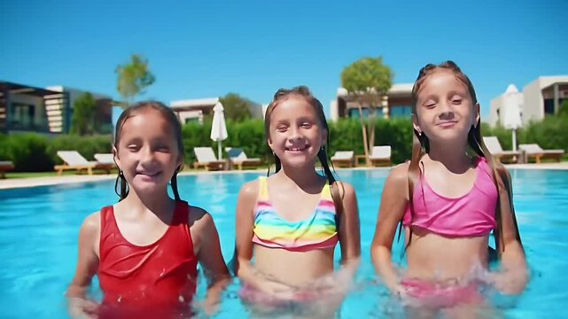 Three Happy Girls Splashing Water in a Bright Blue Swimming Pool on a Sunny Day at the Resort