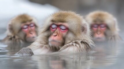 Obraz premium Snow monkeys relaxing in hot spring