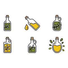 Olive Oil Bottle Icons Six Diverse Styles Modern Line Art Fresh and Vibrant Colors Culinary Branding