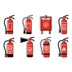 Red Fire Extinguisher Icons Safety Prevention and Emergency Response Graphics