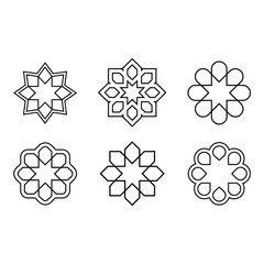 Six Geometric Islamic Star Mandala Designs Elegant Line Art Minimalist Style Black and White Vector Graphics