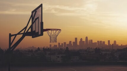 The basketball hoop is silhouetted against the los angeles skyline at sunset