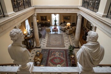 Elegant Grand Staircase Leading to Luxurious Living Room with Antique Rugs and Statues