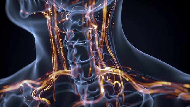 Detailed Medical 3D Render of Neck and Chest Vascular System Golden Arteries on Dark Background