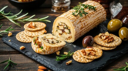 Fototapeta premium A gourmet cheese roll with nuts is presented with crackers and fresh rosemary