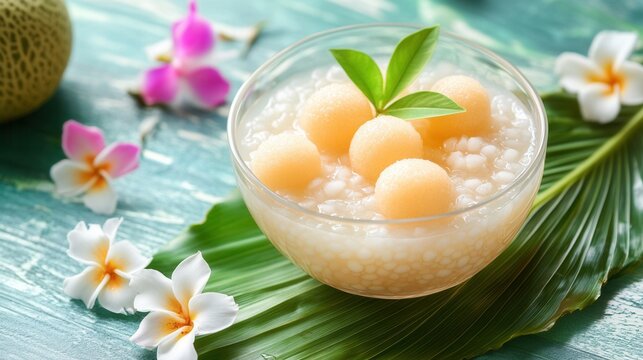 Melon sago dessert with coconut milk is served on a leaf
