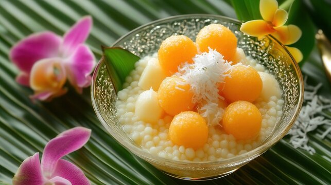 A bowl of melon sago dessert with coconut milk and orchids