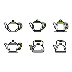 Six Simple Teapot and Kettle Icons Minimalist Line Art Olive Green Accents Calming Mood