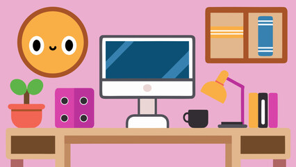 Cute cartoon desk setup with computer plant lamp and books on pink background