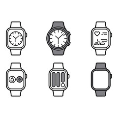 Six Smartwatch Icons Minimalist Line Art Modern Technology App Interface Designs