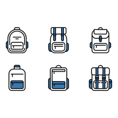 Six Stylish Backpack Icons Flat Design Grey and Blue Travel Theme