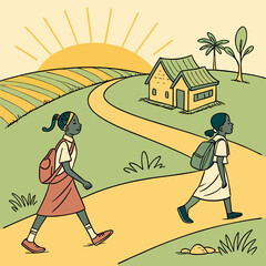 Obraz premium Two young girls with backpacks walk along a path towards a small house at sunrise
