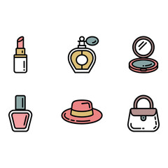 Stylish Feminine Icons Lipstick Perfume Compact Nail Polish Hat Handbag Pastel Color Palette Flat Design