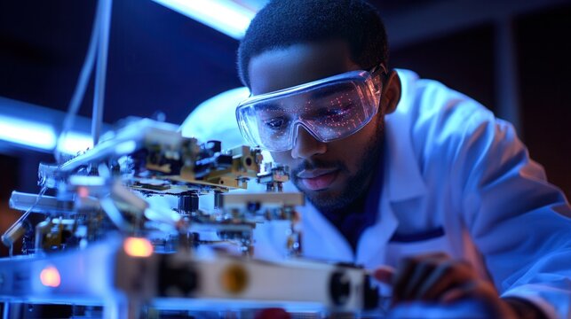 A scientist examines a complex electronic device in a lab