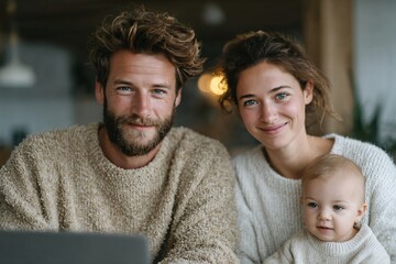 Happy Family Portrait Young Couple with Baby, Home Lifestyle, Cozy Moments, Love and Happiness