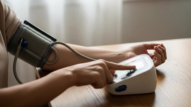 Home Blood Pressure Monitoring: Close-up of Woman Checking BP