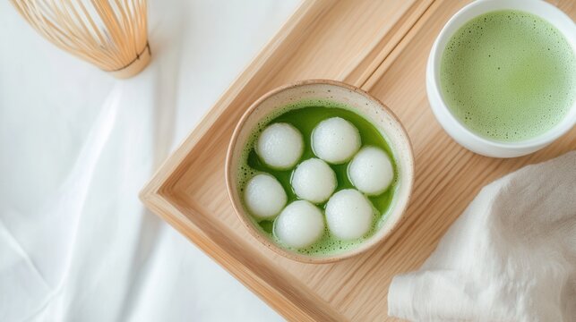 A bowl of matcha dango sits on a wooden tray with a cup of tea