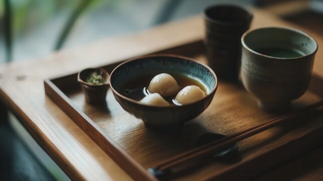 A bowl of dango in matcha tea with chopsticks on a wooden tray