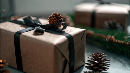 Close up of a wrapped gift with a black ribbon and a pine cone on top of the gift