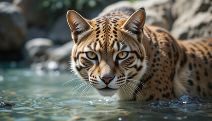 Ocelot Walking in Water with Spotted Fur and Intense Stare
