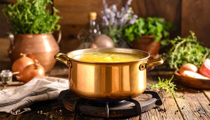 Copper pot of steaming broth on a stovetop, surrounded by herbs and vegetables