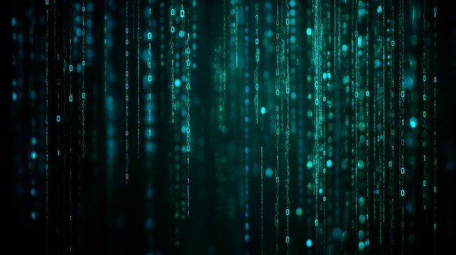Binary code raining in cyberspace, bright red and green numbers, digital rain effect, cyberpunk theme